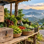 Unattended roadside vegetable stall with a cash box in Mizoram, an example of Yhprum's law