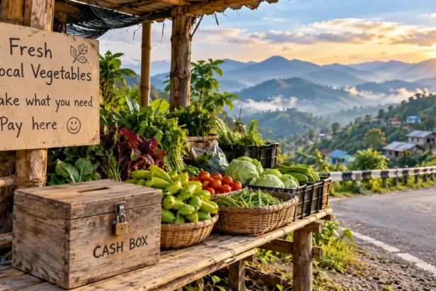 Unattended roadside vegetable stall with a cash box in Mizoram, an example of Yhprum's law