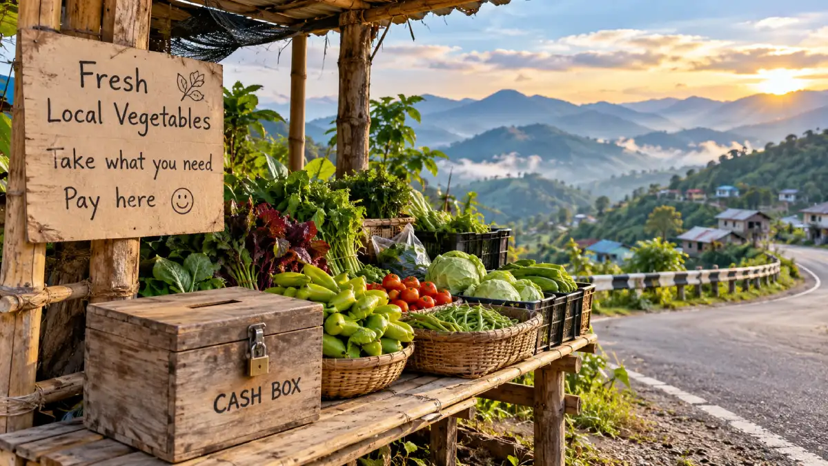 Unattended roadside vegetable stall with a cash box in Mizoram, an example of Yhprum's law