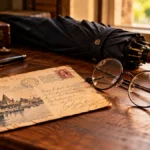 Postcard, spectacles and umbrella on a desk, the scene that opens Parkinson's law