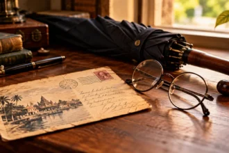 Postcard, spectacles and umbrella on a desk, the scene that opens Parkinson's law