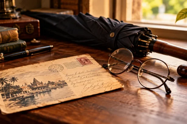 Postcard, spectacles and umbrella on a desk, the scene that opens Parkinson's law