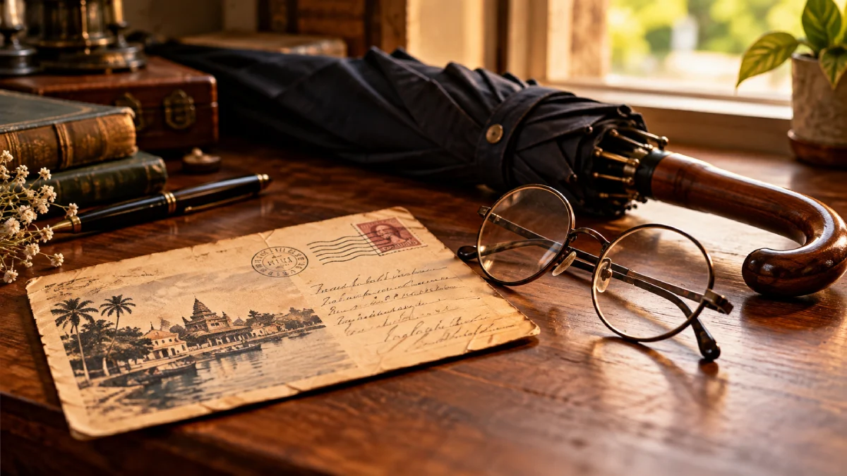 Postcard, spectacles and umbrella on a desk, the scene that opens Parkinson's law