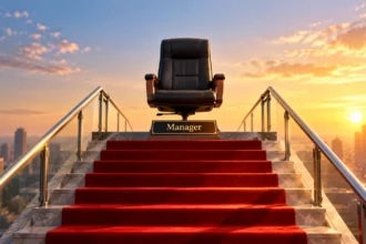 Empty manager's chair at the top of a staircase, illustrating the Peter Principle