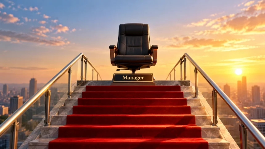 Empty manager's chair at the top of a staircase, illustrating the Peter Principle